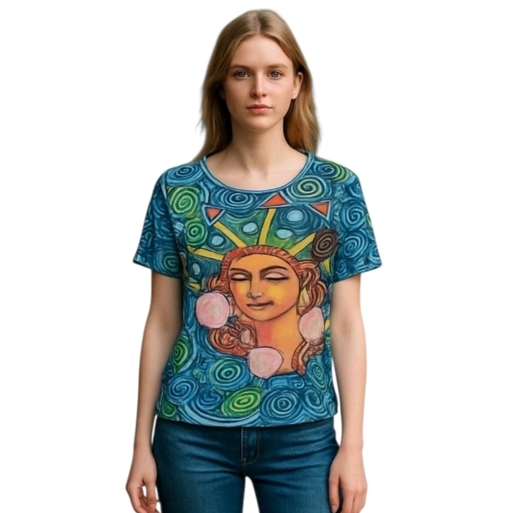 LIFE Style Blue Pullover Crew Neck Short Sleeve Wearable Art T-Shirt Size Small